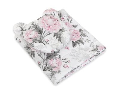 Kołderka z wypełnieniem i poduszka profilowana Miś - zestaw 2cz. - Romantic peonies