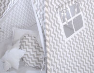 Namiot TIPI dla dzieci + mata + poduszki + zawieszki pióra - Chevron szary - 4