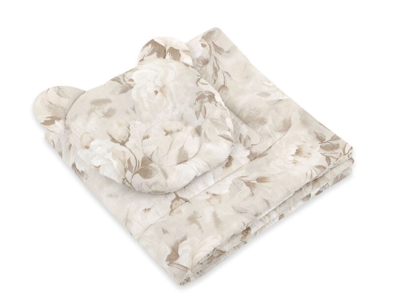 Kołderka z wypełnieniem i poduszka profilowana Miś - zestaw 2cz. - Peonies beige