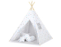Namiot TIPI dla dzieci +mata + zawieszki pióra - Gwiazdy szaro-niebieskie/szary - 3