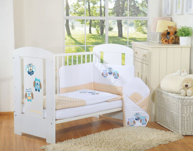 Komplet pościeli dla dzieci 135x100cm z ochraniaczem 3-cz Sówki beżowe z haftem beżowo-niebieskim