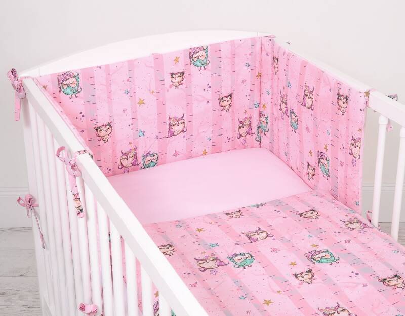 Pościel dla niemowląt z ochraniaczem 3-części BOBONO - sówki różowo-miętowe/różowy