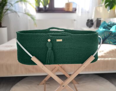 Kosz Mojżesza BOHO bawełniany Handmade z materacykiem - butelkowa zieleń