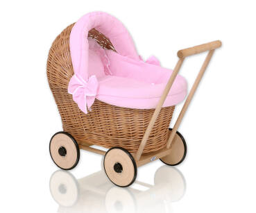 Wiklinowy wózek dla lalek pchacz MY SWEET BABY naturalny + pościel rózowa