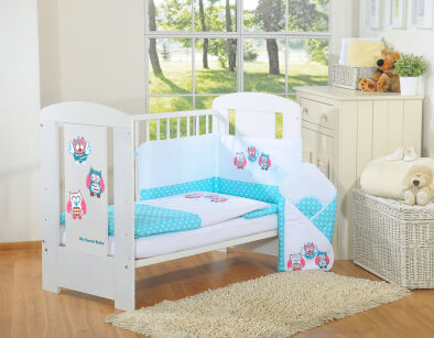 Komplet pościeli dla dzieci 135x100cm z ochraniaczem 3-cz Sówki turkusowe z haftem różowo-turkusowym